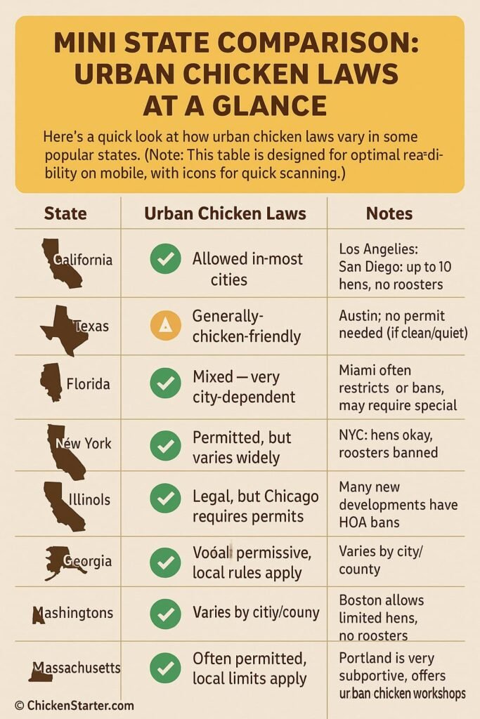 Chicken Laws by State - Can You Raise Chickens in Your Area - Infographic of Mini State Comparison - Urban Chicken Laws At a Glance