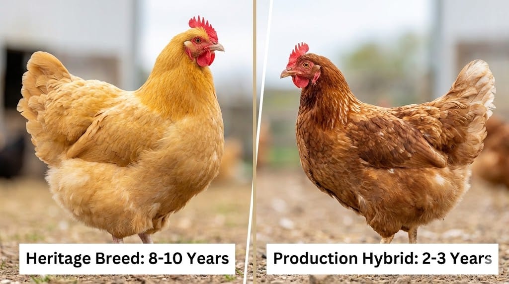 Side-by-side comparison of a heritage Orpington chicken and a production ISA Brown hen showing the physical differences between long-lived and short-lived breeds