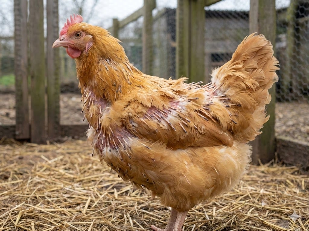 Side view of a molting chicken showing symmetrical feather loss pattern from head to tail with visible bare patches and emerging pin feathers