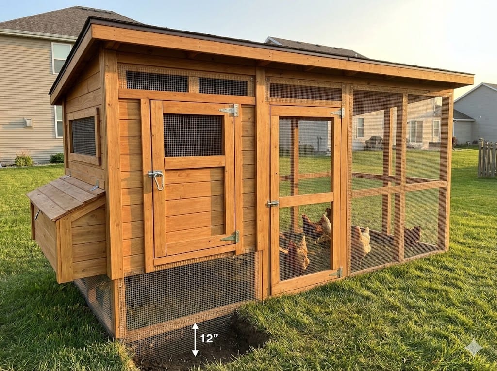Well-built chicken coop with hardware cloth, buried wire barriers, and secure locks protecting backyard chickens from predators
