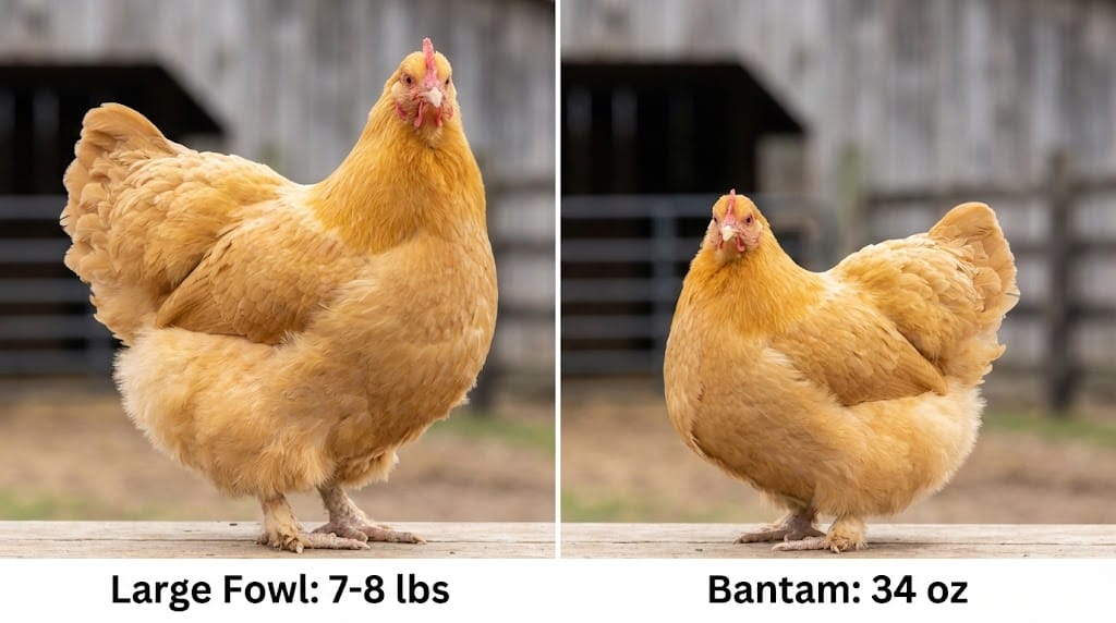 Side-by-side comparison of a large fowl Buff Orpington hen next to a bantam Buff Orpington showing the significant size difference between varieties