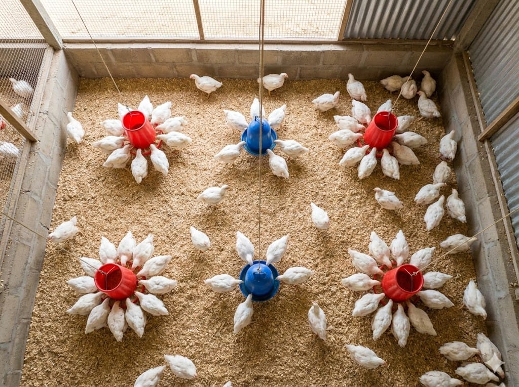 Aerial view of Nigerian broiler pen showing proper spacing of 4 tube feeders and 2 bell drinkers serving 100 white broiler chickens