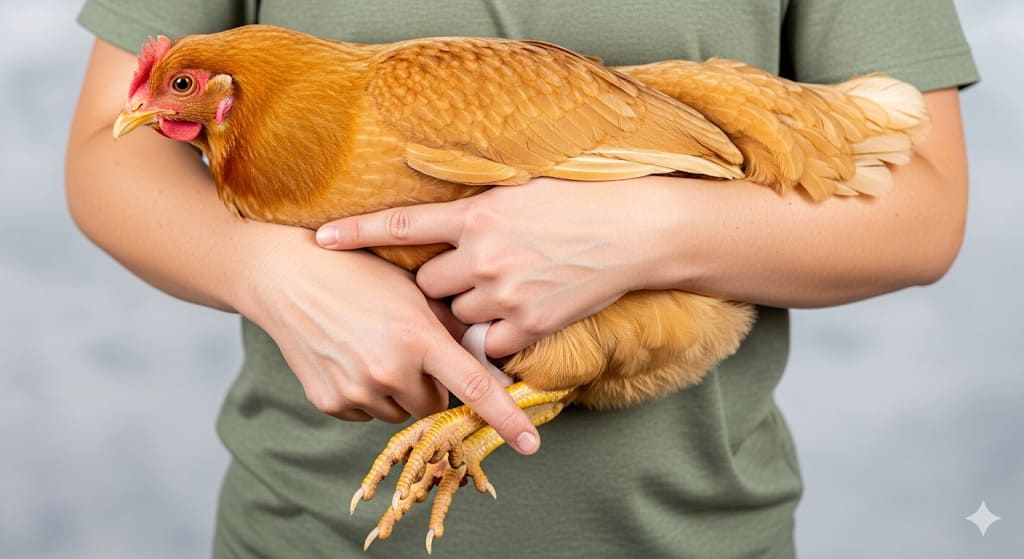 Diagram showing the correct way to hold a chicken for an exam
