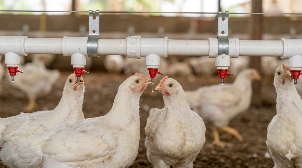 Close-up of nipple drinker line with multiple red nipples and white broiler chickens drinking, showing clean water delivery system in Nigerian poultry farm