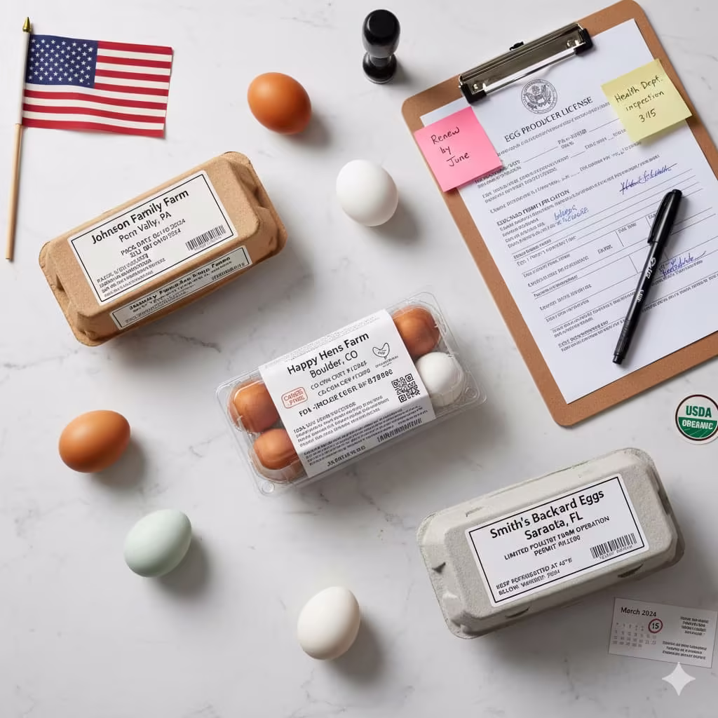 State-compliant egg carton labels and licensing documents for selling backyard chicken eggs