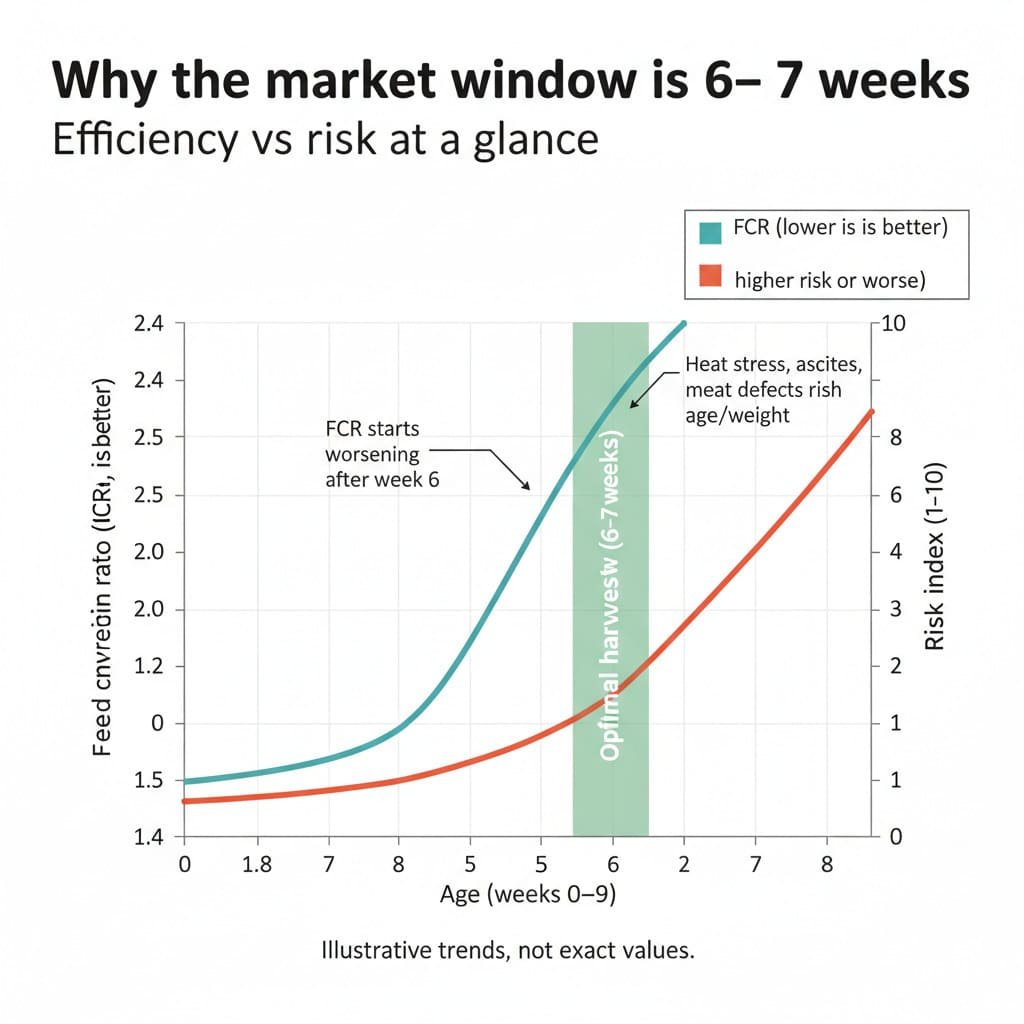 Broiler market window: feed efficiency peaks before risks rise after week 6