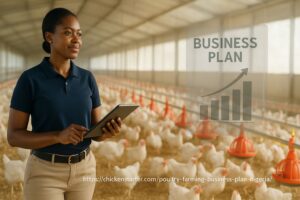 A Nigerian entrepreneur reviews their winning poultry farming business plan on a tablet inside a modern, successful poultry farm in Nigeria