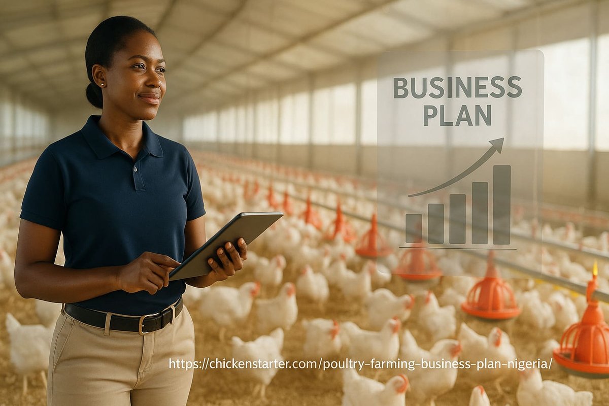 A Nigerian entrepreneur reviews their winning poultry farming business plan on a tablet inside a modern, successful poultry farm in Nigeria