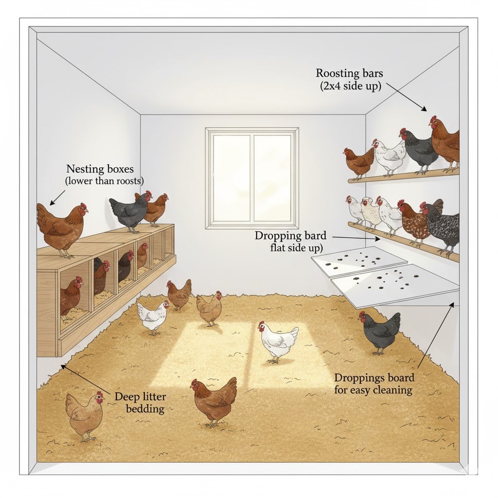 Interior view of 8x10 chicken coop showing 5 nesting boxes mounted on left wall, 20-foot roosting bars on right side with multiple chickens perched, and droppings board underneath for easy cleaning
