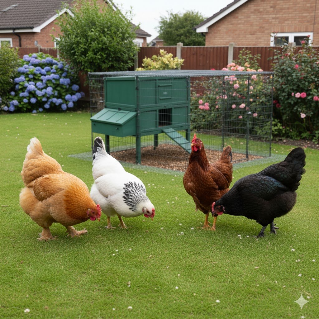 Four different heritage breed chickens peacefully coexisting in a UK garden - Buff Orpington, Sussex, Rhode Island Red, and Australorp
