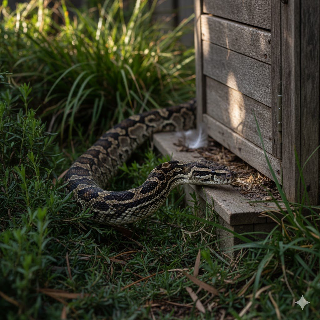 A coastal carpet python slithering through dense Australian backyard foliage, approaching a chicken coop subtly.