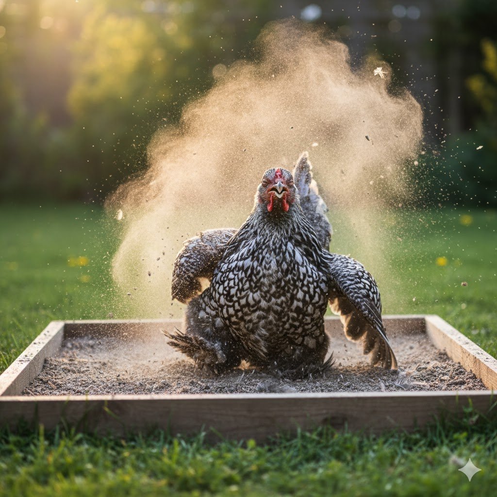 A healthy, fluffy chicken joyfully wriggling in a dust bath made of dry soil, wood ash, and diatomaceous earth.