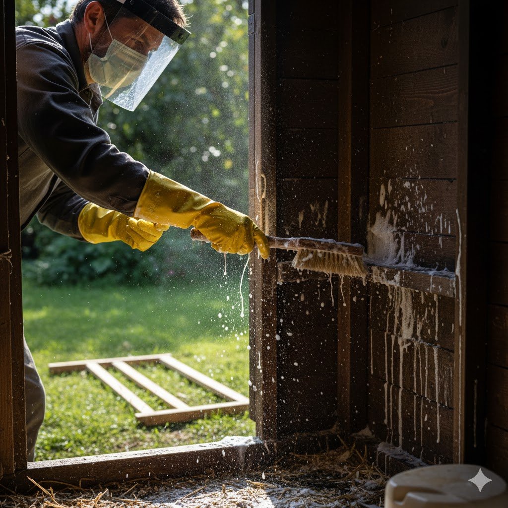 A person in gloves and a mask scrubbing the inside of a wooden chicken coop with a stiff brush and soapy water to get rid of red mites.