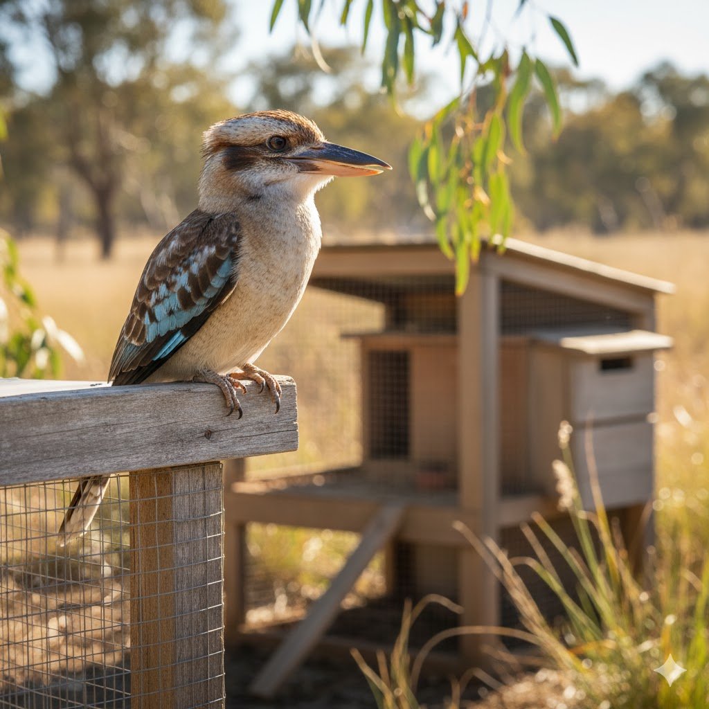 A majestic Australian kookaburra perched near a chicken coop, looking alert and vigilant.