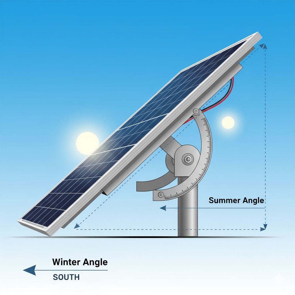 Solar panel mounting bracket with angle adjustment mechanism showing steeper winter angle and flatter summer positioning for optimal year-round solar power generation