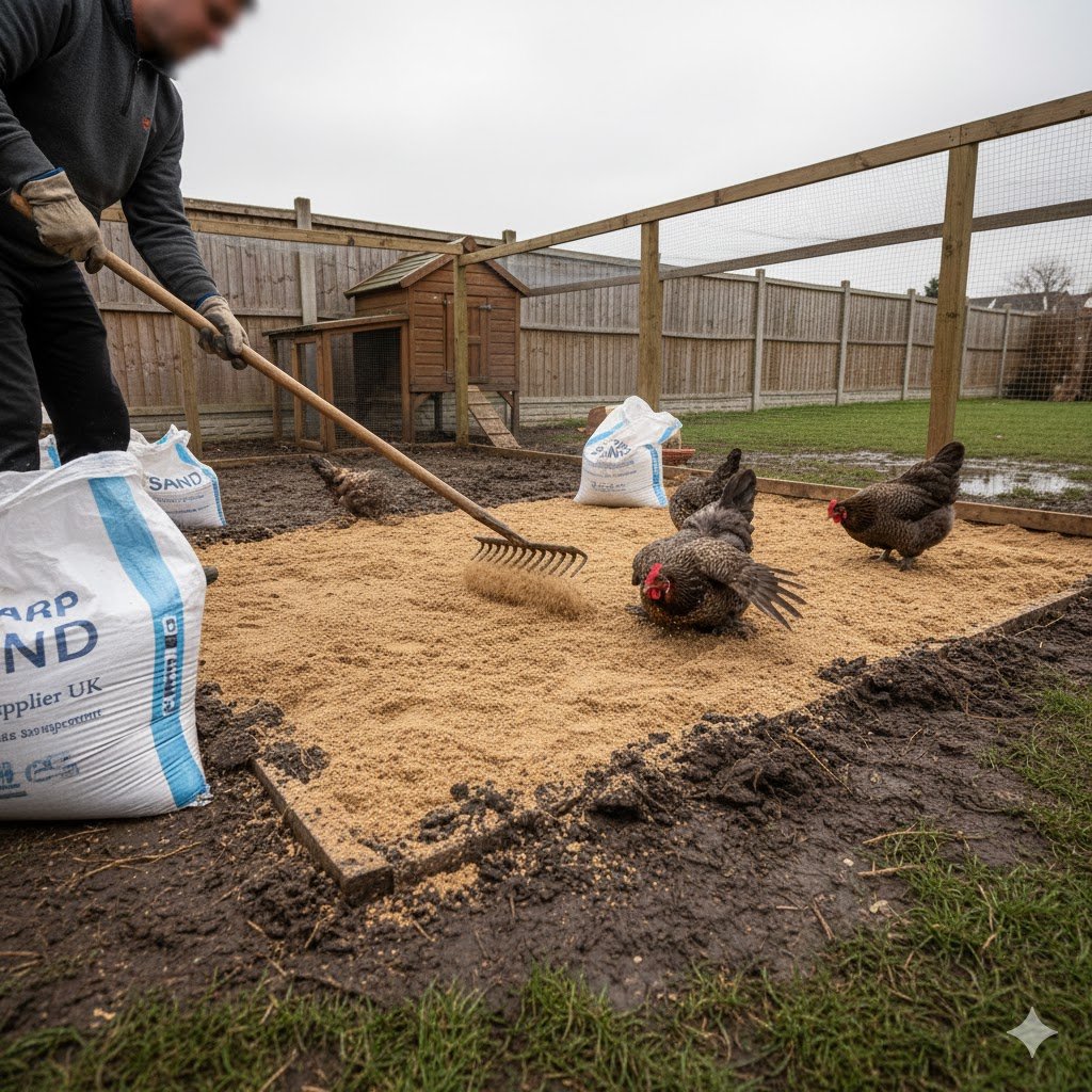 How to dry a muddy chicken run with coarse sand UK; best flooring for muddy chicken run step-by-step