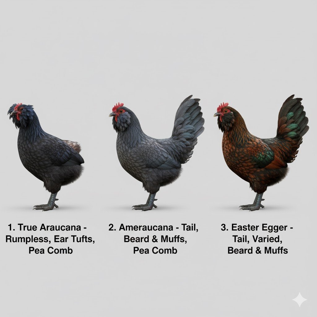 Side-by-side comparison showing Araucana chicken rumpless body and ear tufts versus Ameraucana with tail and muffs