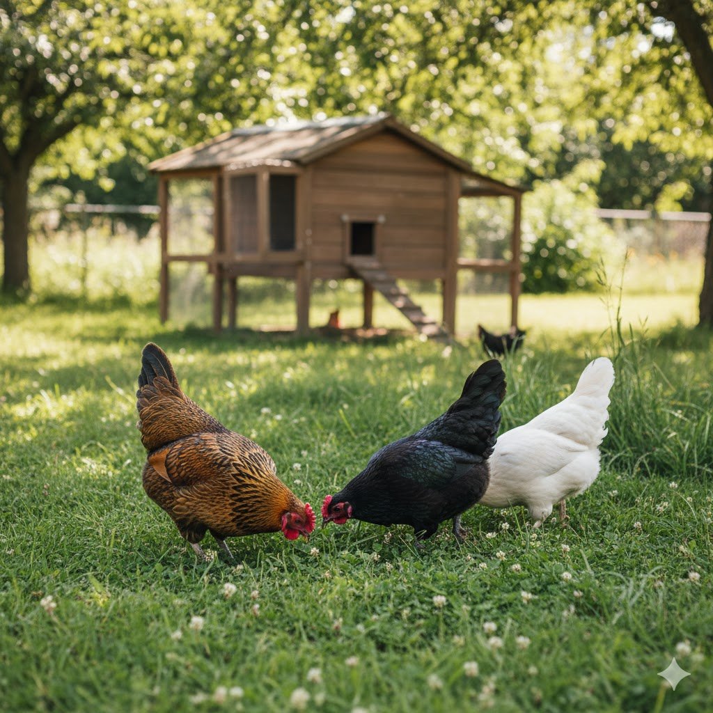 Araucana chickens foraging freely in a green backyard with secure chicken coop in background