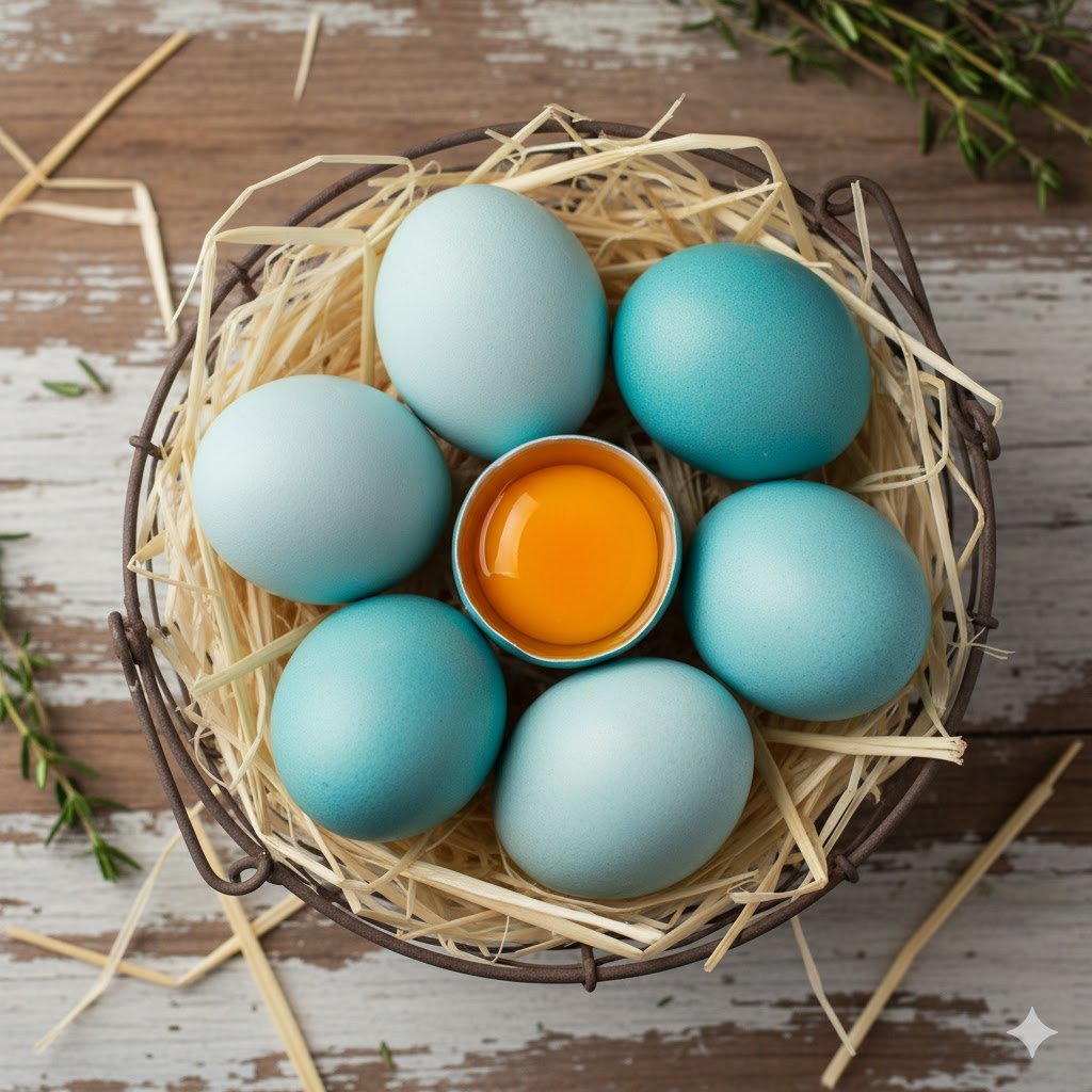 Cluster of blue to blue-green eggs laid by Araucana chickens showing characteristic shell color