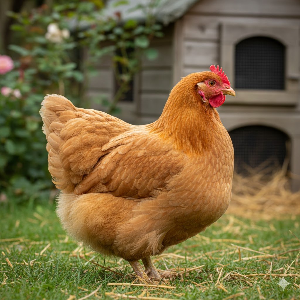 Buff Orpington chicken displaying profuse golden-buff colored feathering and docile temperament in UK backyard setting