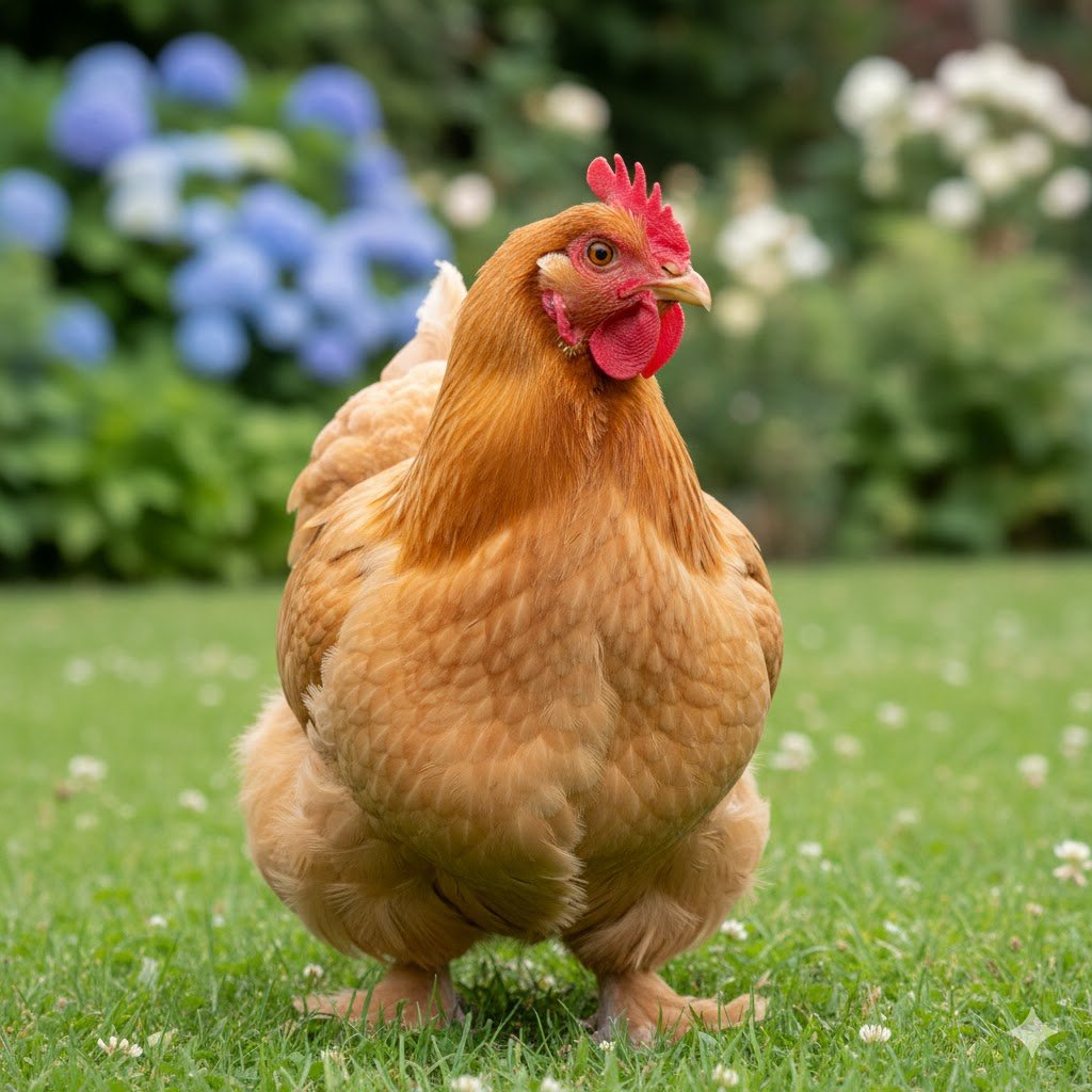 Close-up portrait of a friendly golden-buff colored Orpington chicken with fluffy feathers in a garden setting