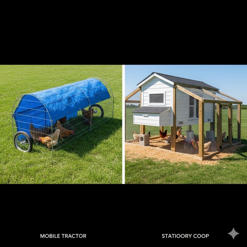 Split-screen comparison showing mobile chicken tractor on left with fresh grass and stationary red coop with permanent run on right side