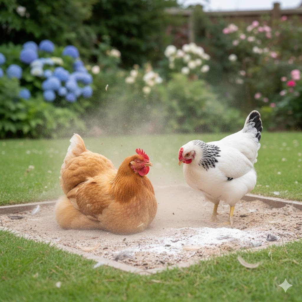 Two chickens dust bathing in a sandy area designated for natural foraging behavior
