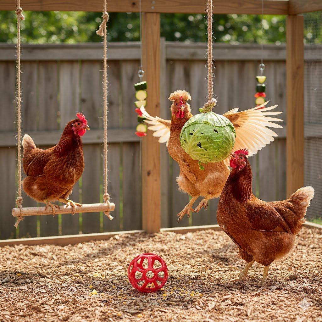 Chickens pecking at hanging cabbage treat and exploring DIY enrichment toys including wooden swing and treat dispenser