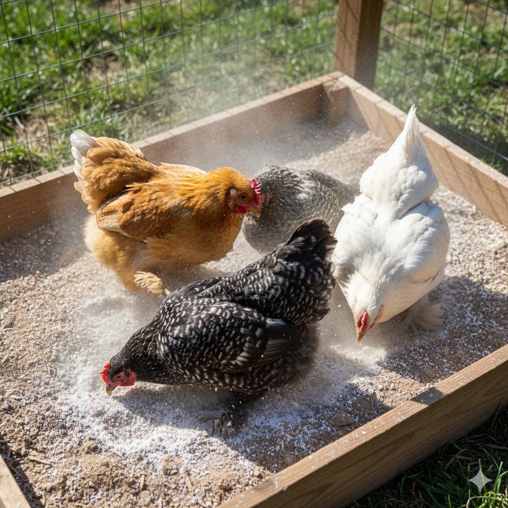 Three chickens enthusiastically bathing in a wooden frame dust bath containing a mixture of dirt, wood ash, and diatomaceous earth