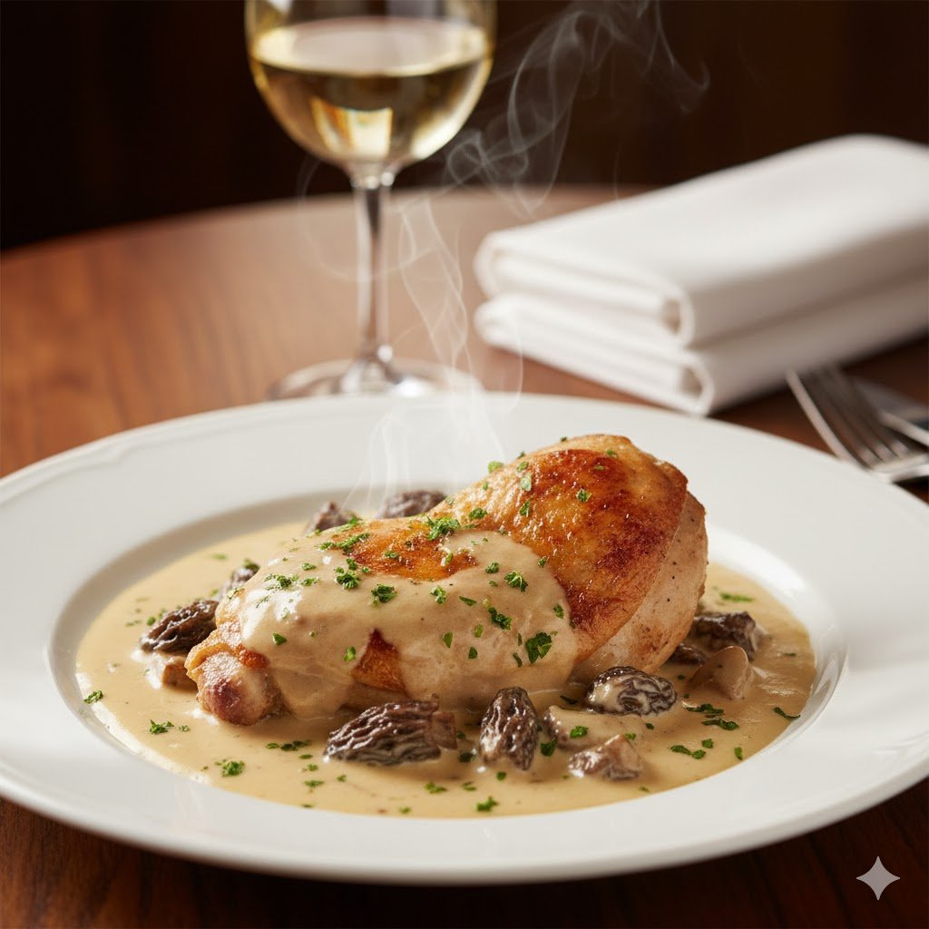 A beautifully plated dish of Poulet de Bresse à la Crème, showing a perfectly roasted piece of chicken smothered in a luxurious cream sauce with mushrooms, garnished with fresh herbs.