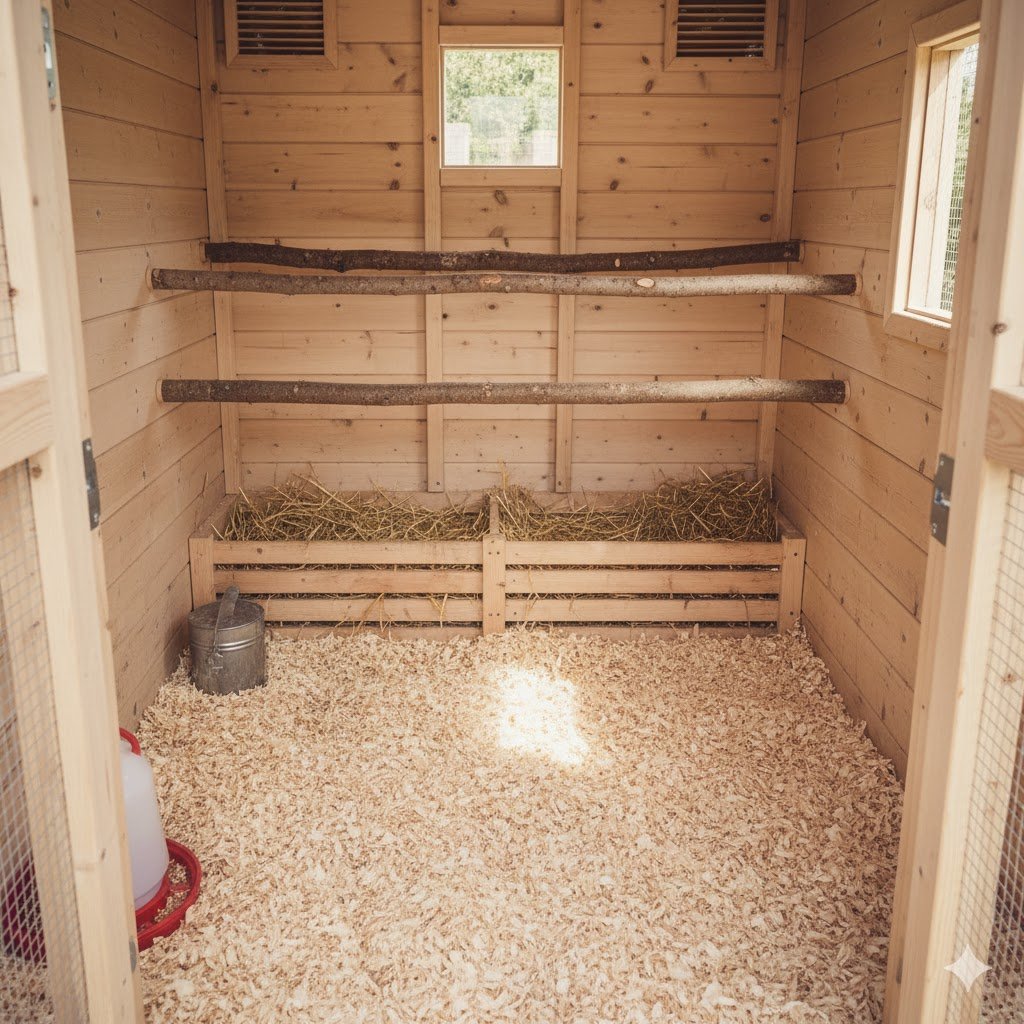 Inside view of clean wooden chicken coop showing fresh bedding, roosting bars, and nesting boxes with no smell or mess