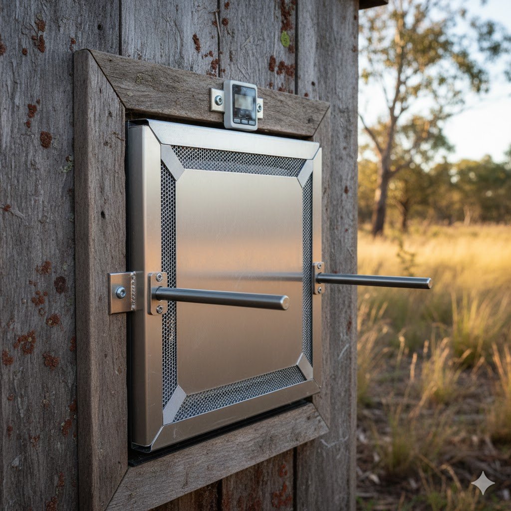 A solar-powered automatic chicken coop door with a solar panel mounted above, set on a rural Australian property with open fields and blue sky.