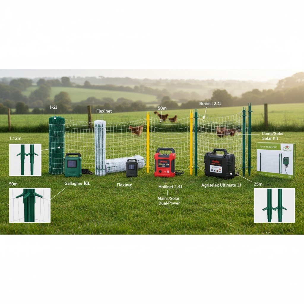 Side-by-side comparison of top electric fencing kits like Gallagher and Flexinet for protecting chickens in the UK