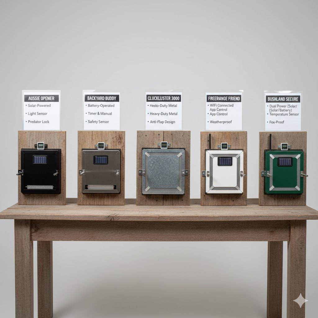 A lineup of five different automatic chicken coop doors (metal, solar, battery-powered) displayed side by side on a wooden table, with product labels and features highlighted.