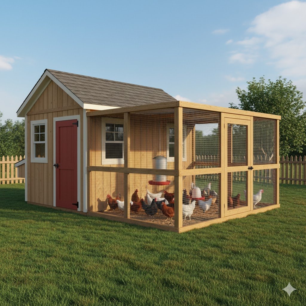 Complete backyard chicken coop setup showing 8x10 wooden walk-in coop with gable roof and windows, attached to 10x20 foot enclosed run with hardware cloth fencing and multiple chickens free-ranging inside