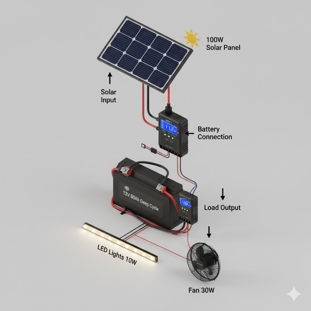 Diagram showing solar panel, charge controller, deep cycle battery, and DC devices wired together in correct sequence for off-grid chicken coop power system
