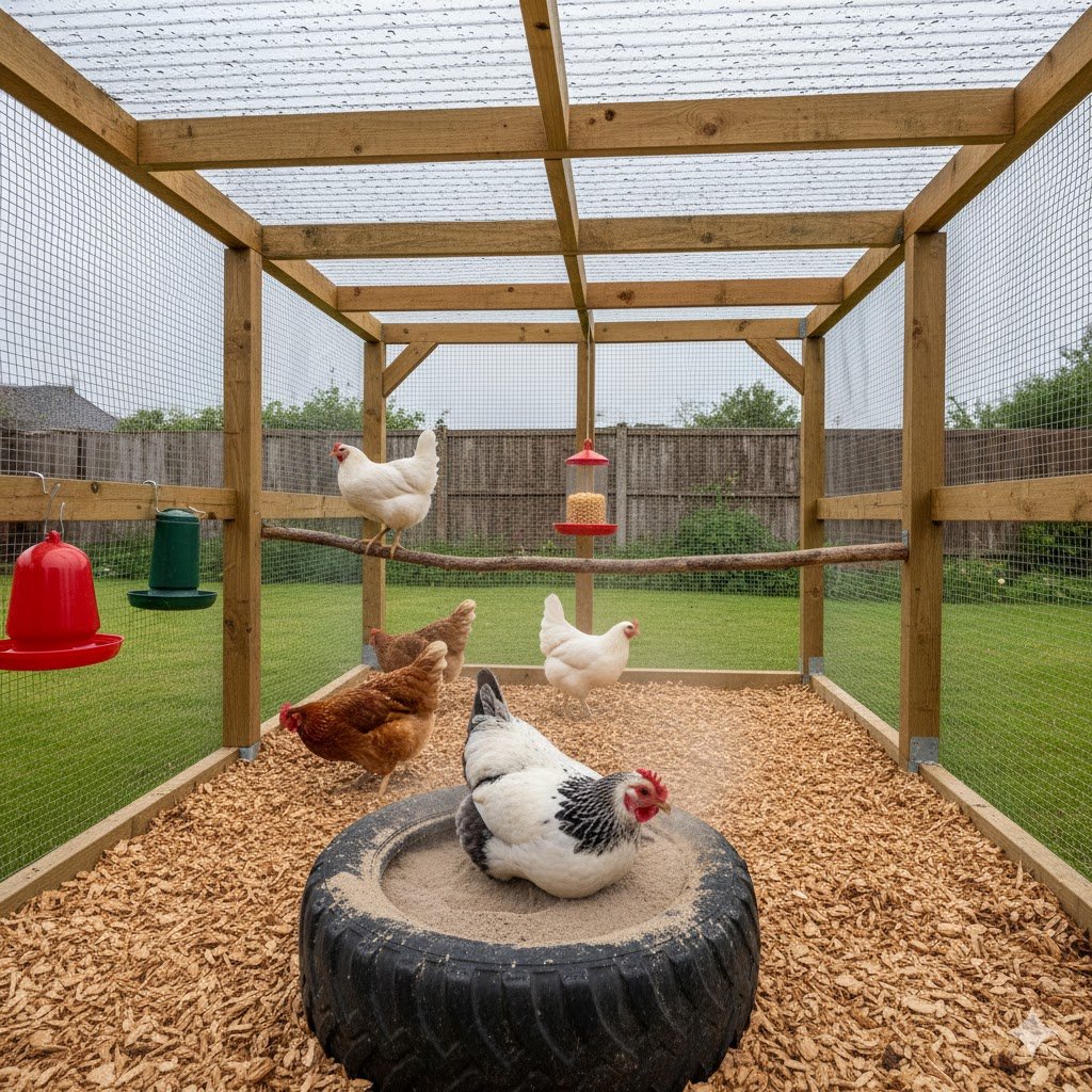 Chickens using dust bath under covered run area with clear roof, showing dry conditions and natural chicken behavior in British garden