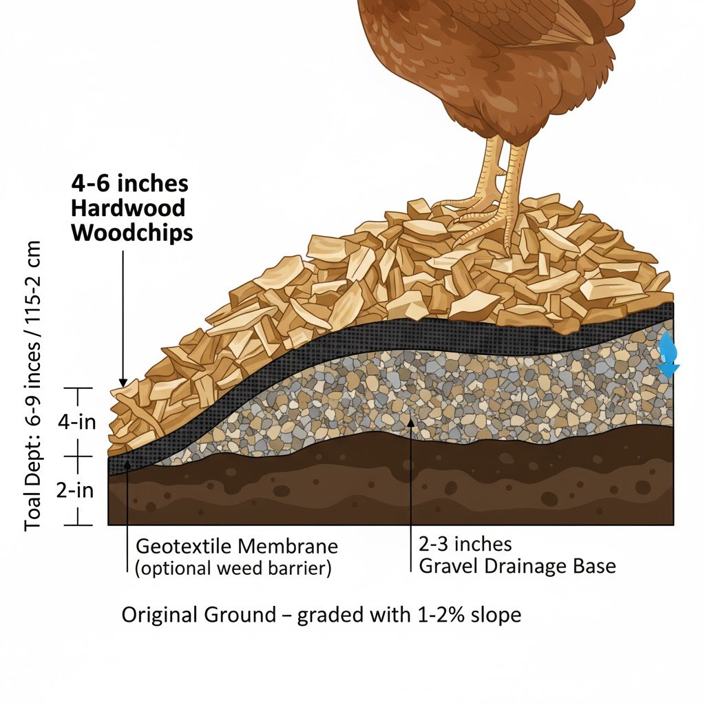 Detailed cross-section diagram showing layers of chicken run flooring from bottom to top: soil, geotextile fabric, gravel drainage layer, and hardwood woodchip top layer with measurements