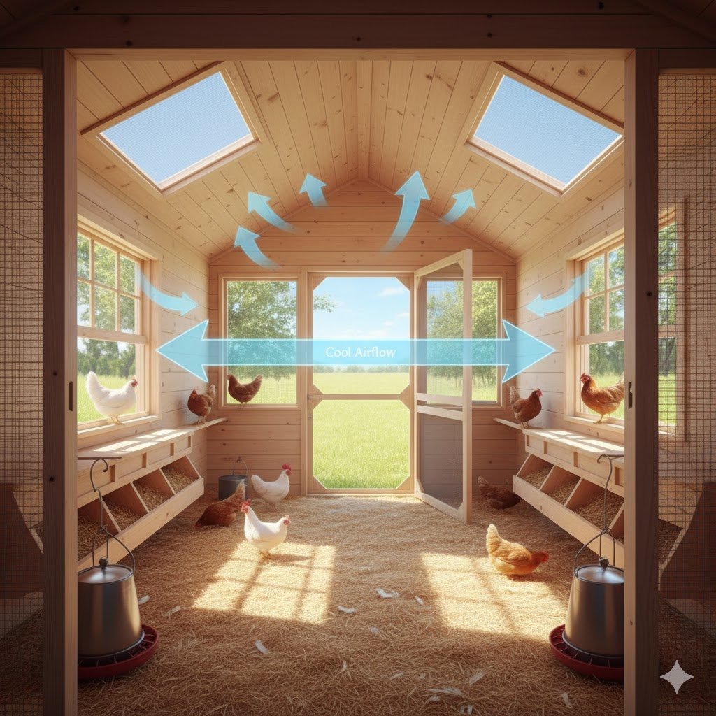 Chicken coop with large hardware cloth covered windows open on opposite walls creating cross-ventilation airflow with blue arrows showing cool breeze flowing through coop for heat stress prevention in summer