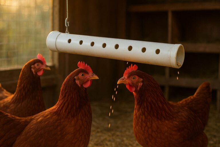 A homemade PVC pipe chicken treat dispenser hanging in a wooden chicken coop with Rhode Island Red hens actively pecking at it to release scratch grains