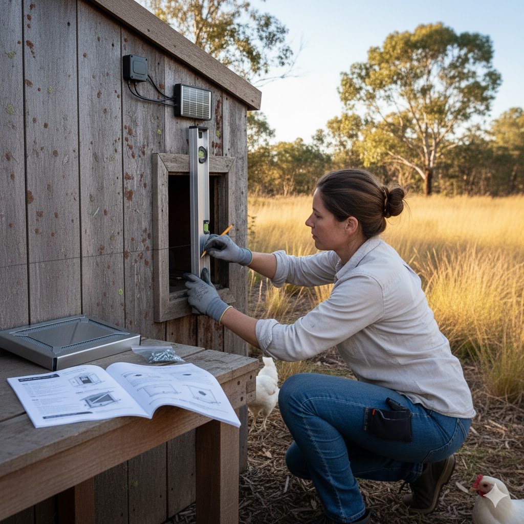 A person using a drill to install an automatic chicken coop door on a timber coop, with tools and instructions visible, set in an Australian backyard.