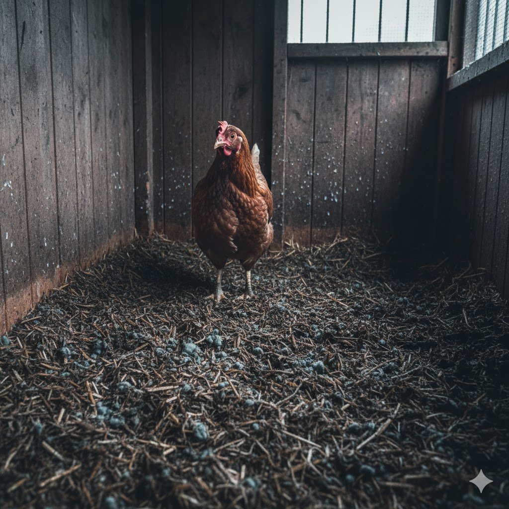 Wet moldy straw bedding in UK chicken coop showing dampness problems from rain and humidity