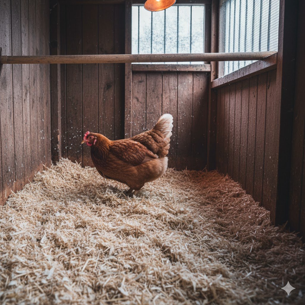Deep litter method using hemp bedding in UK chicken coop for winter warmth and moisture control