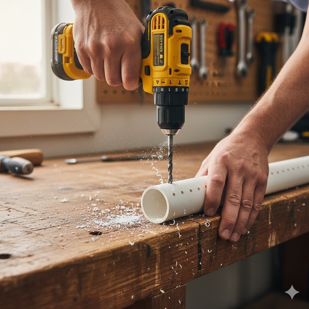 Close-up of hands using cordless drill to create holes in white PVC pipe for chicken treat dispenser with wood shavings visible