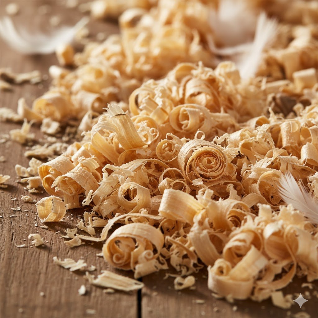 Close up of dust free pine wood shavings chicken bedding showing fluffy texture for UK coops