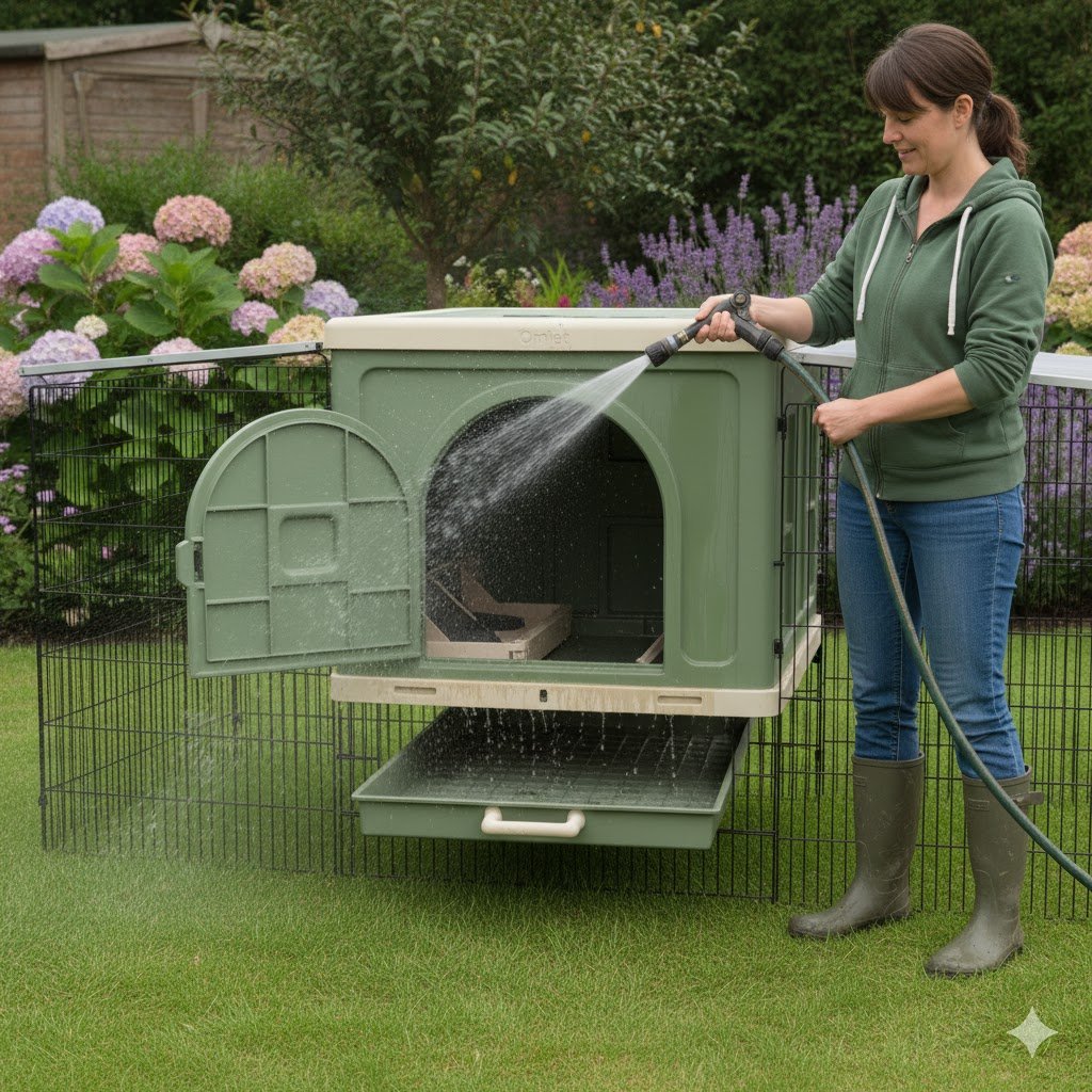 Person pressure washing Omlet Eglu chicken coop showing ease of cleaning smooth plastic surfaces in under 10 minutes