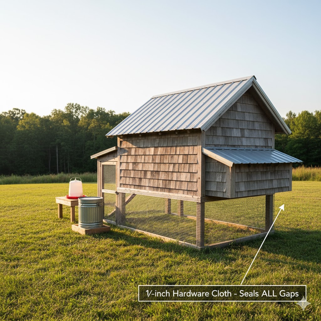  Chicken coop with quarter-inch hardware cloth mesh sealing gaps, mowed grass perimeter, and no hiding spots for snake exclusion