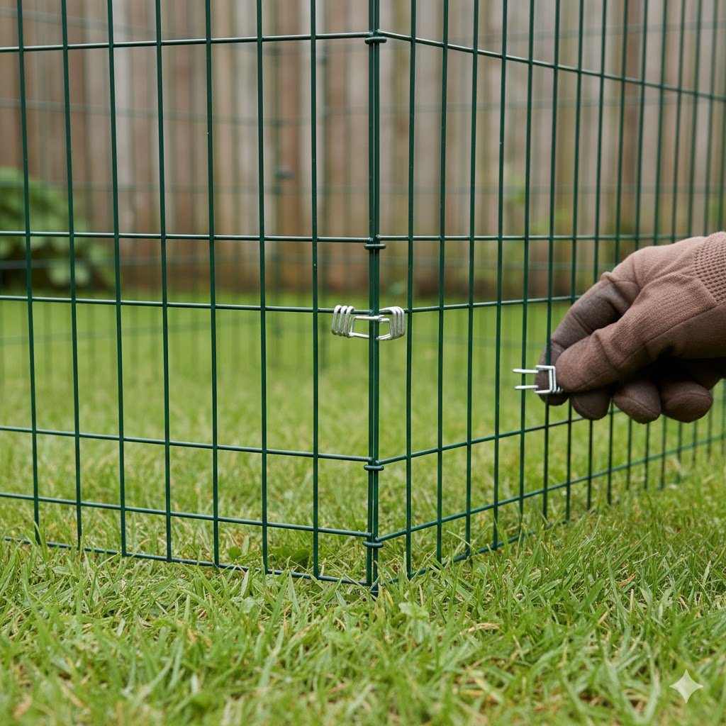 Close-up view of green mesh anti-dig skirt positioned on grass with metal run clips securing panels together on Omlet Eglu Cube run