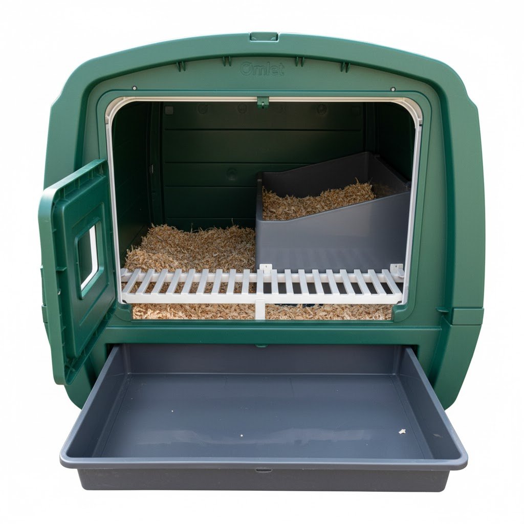 Interior view of Omlet Eglu Cube showing installed roosting bars, slide-out droppings tray, and nest box partition ready for chickens