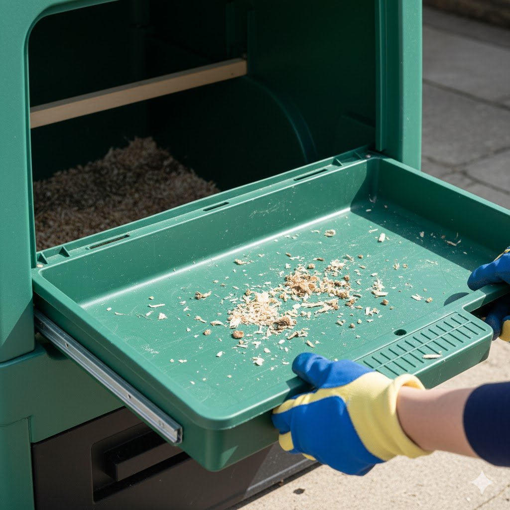 Close-up of hands sliding out the Omlet Eglu Cube plastic droppings tray showing easy-clean design and chicken droppings collected on tray surface